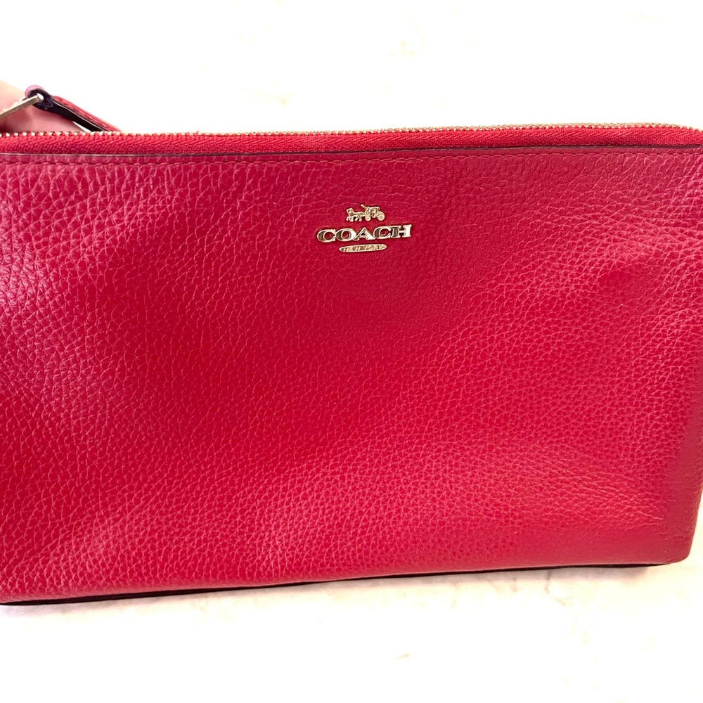 Coach Red Cosmetic Bag with Gold Logo and Zipper Closure